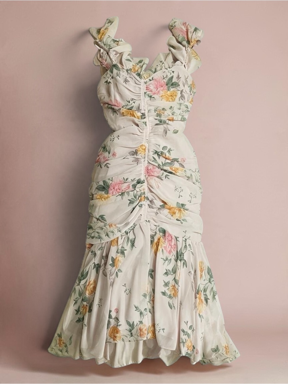 Astr Cream Floral Ruched Midi Dress with Pink & Yellow Blooms